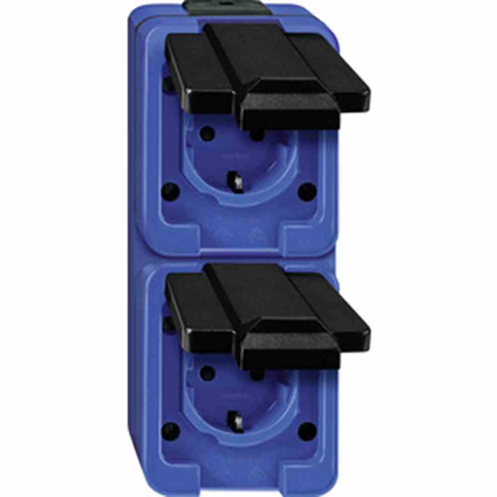 SCHLAGFEST Steckdose, 2f, blau, matt, Aufputz, horizontal/vertikal, mit Klappdeckel, IP44, Komplettgehäuse