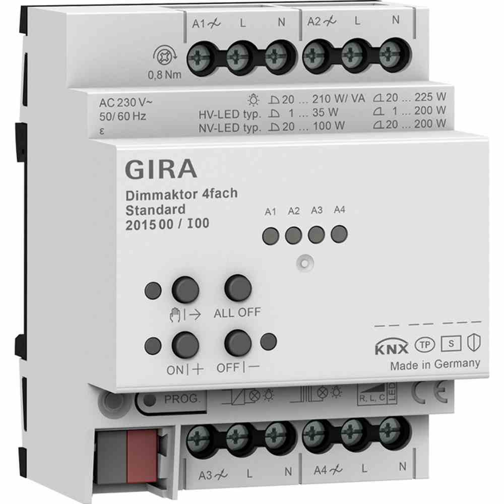 Dimmaktor 4fach Standard für Gira One und KNX 4 x 225 W/VA Funktion im Gira KNX System: - Dimmaktor mit integrierter Busankopplung. - Schalten und Dimmen von Glühlampen, HV-Halogenlampen