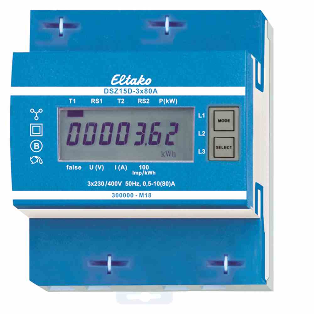 Drehstromzähler, B, Vierleiter, 80A, elektronisch, digital, Geeicht, 10A, 230V/N-L, 400V/L-L, Zweitarif, 50Hz, S0, 1000kvarh, DSZ15D-3x80A MID