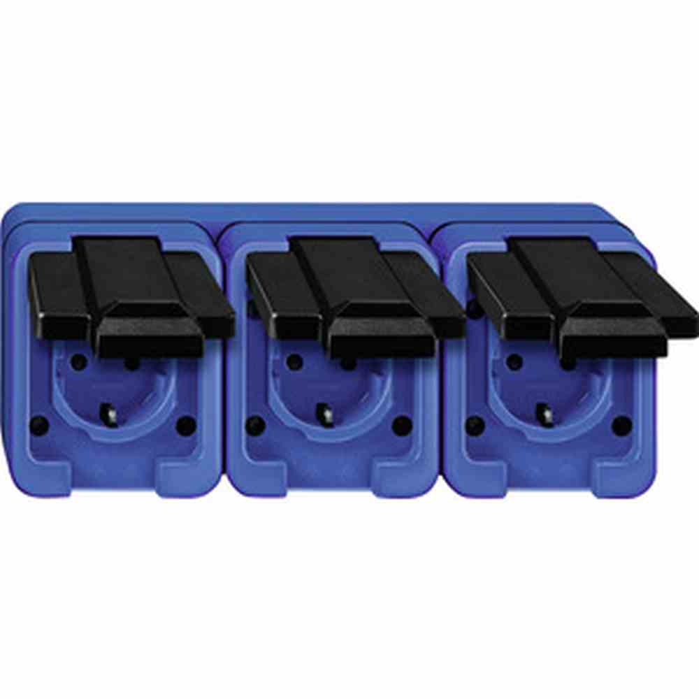 SCHLAGFEST Steckdose, 3f, blau, matt, Aufputz, horizontal/vertikal, mit Klappdeckel, IP44, Komplettgehäuse