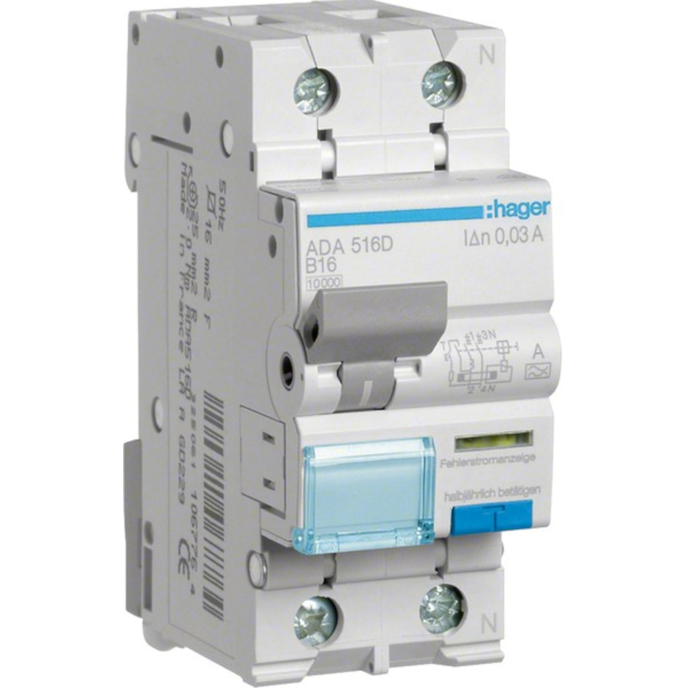 Fehlerstrom-Leitungsschutzschalter 1P+N 10kA B-Charakteristik 16A 30mA Typ A, pulsstromsensitiv, 2TE
