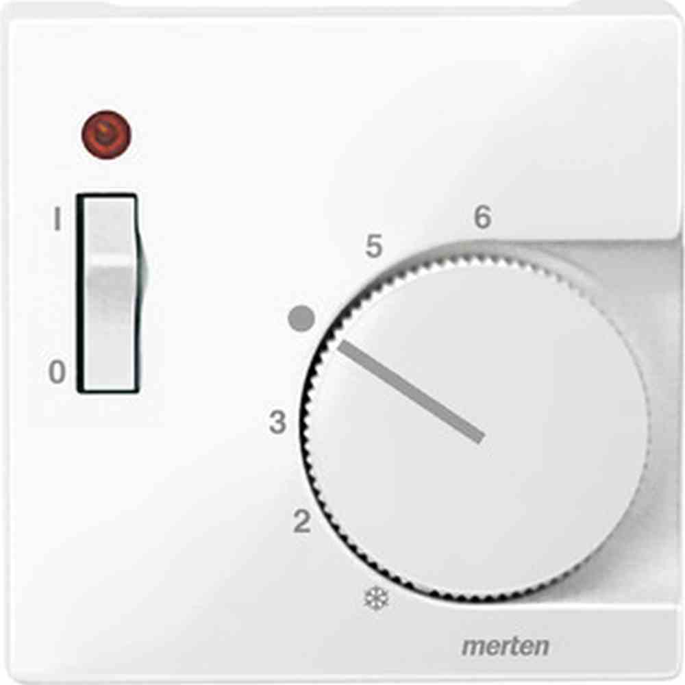 System M Zentralplatte, Raumtemperaturregler, polarweiß, glänzend, Sonderaufdruck, Kontrollfenster/Lichtauslass