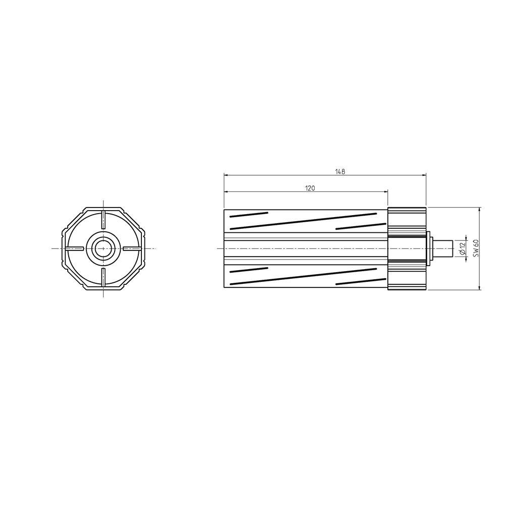 RolloTube Walzenkapsel für SW60, Achsstift Ø 12 mm, Einstecklänge 120 mm