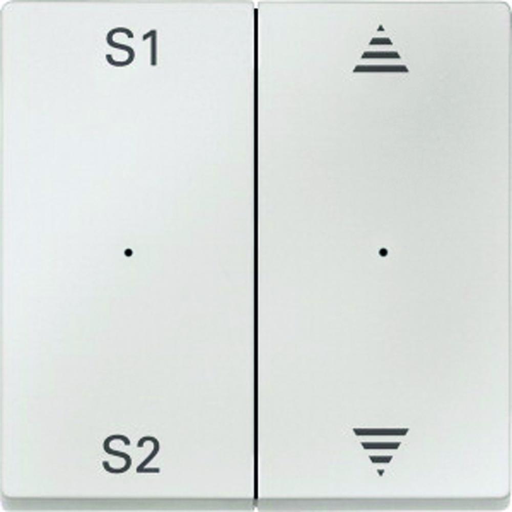 System M Wippe zweiteilig, Jalousie, polarweiß, matt, Symbol Pfeile, Kontrollfenster/Lichtauslass 