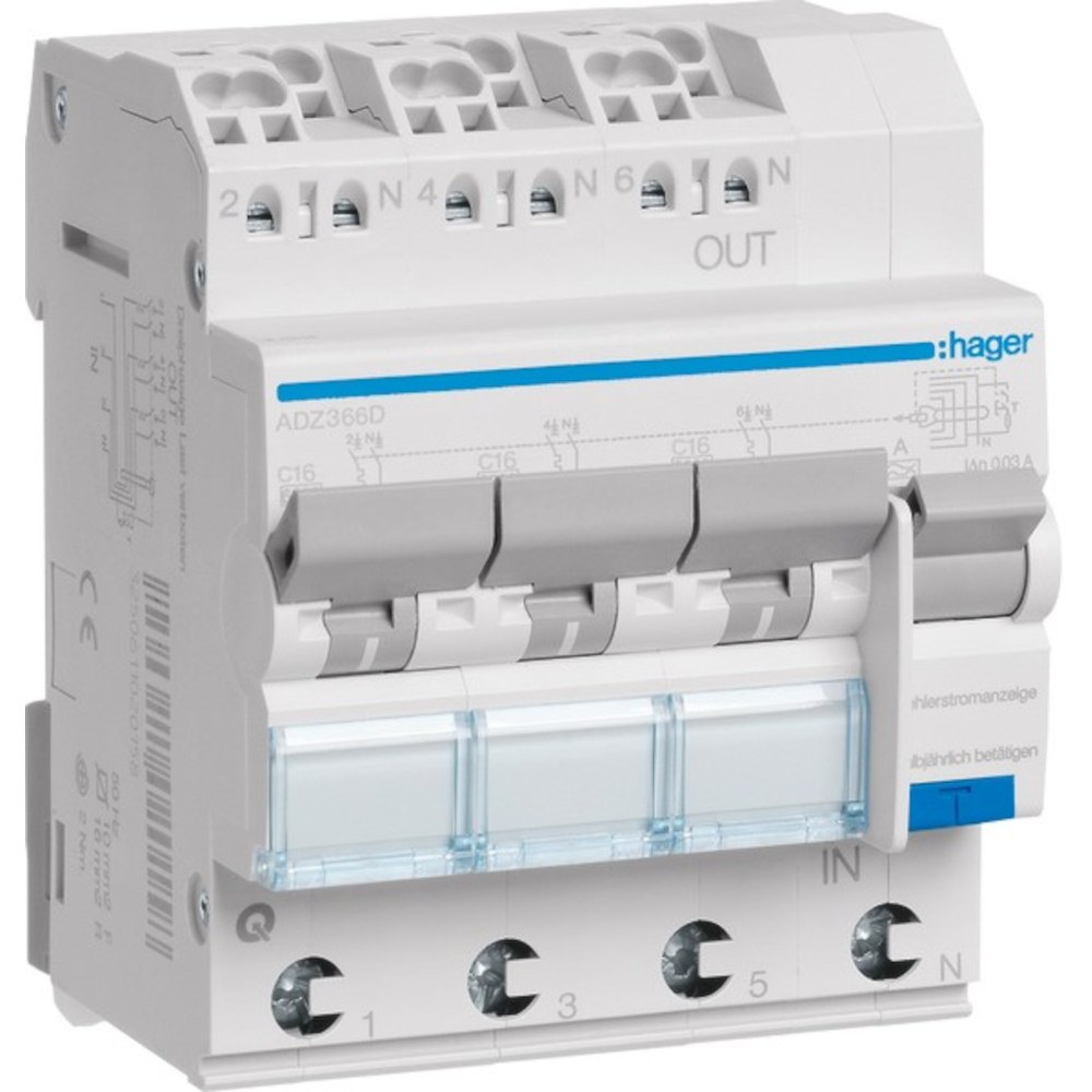 Fehlerstrom-Leitungsschutzschalter 3X 1P+N 6kA C-Charakt. 16A 30mA Typ A, QuickConnect (Stecktechnik), 4TE