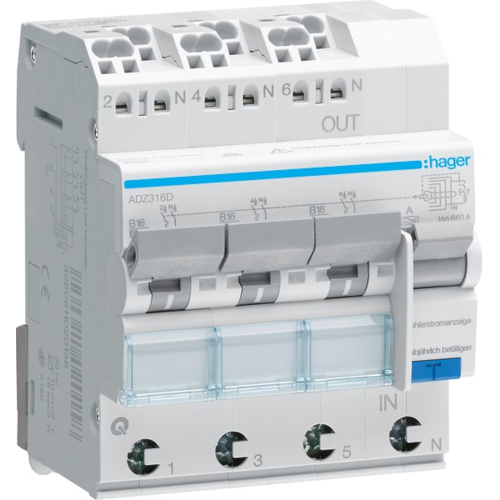Fehlerstrom-Leitungsschutzschalter 3X 1P+N 6kA B-Charakt. 16A 30mA Typ A, QuickConnect (Stecktechnik), 4TE