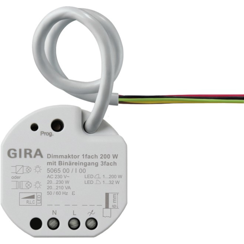 Dimmaktor 1fach 200 W mit Binäreingang 3fach für Gira One und KNX - Schalten und Dimmen von Glühlampen, HV-Halogenlampen, dimmbaren HV-LED-Lampen, dimmbaren Kompaktleuchtstofflampen