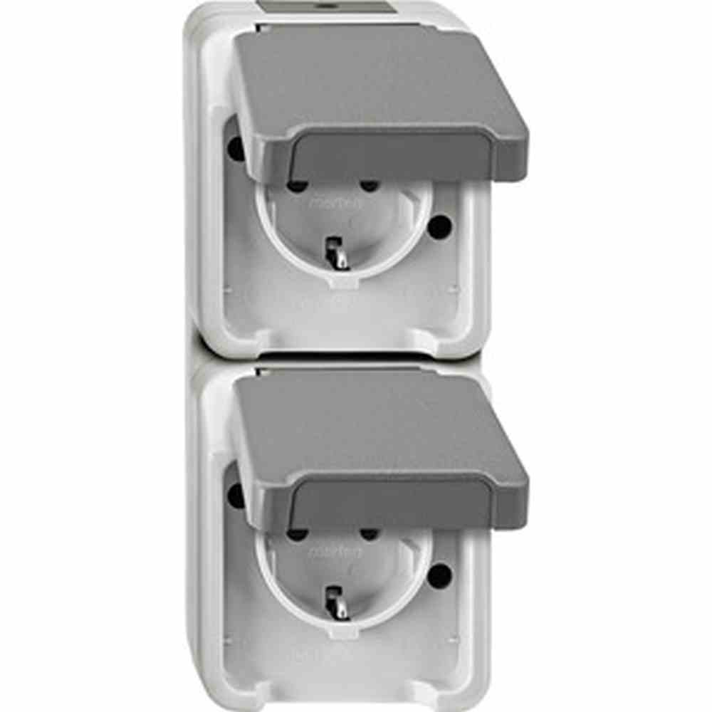 AQUASTAR Steckdose, 2f, lichtgrau, matt, Aufputz, mit erhöhtem Berührungsschutz, horizontal/vertikal, mit Klappdeckel, IP44, Komplettgehäuse