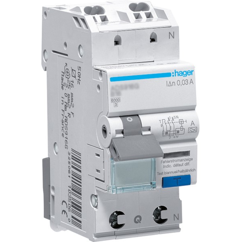 Fehlerstrom-Leitungsschutzschalter 1P+N 6kA B-Charakteristik 16A 30mA Typ A, QuickConnect (Stecktechnik), 2TE